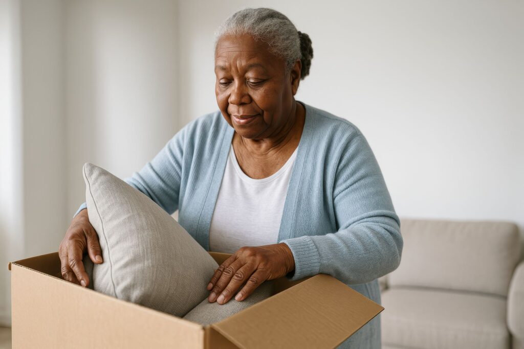Senior qui emporte des objets familiers en EHPAD