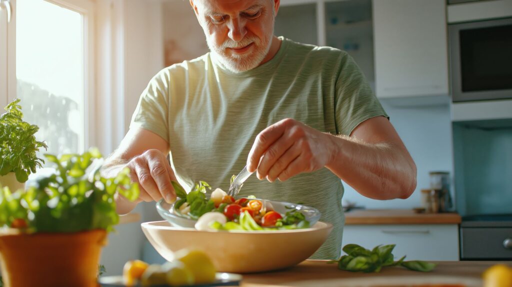 Senior qui prépare un repas froid pour limiter sa chaleur intérieure