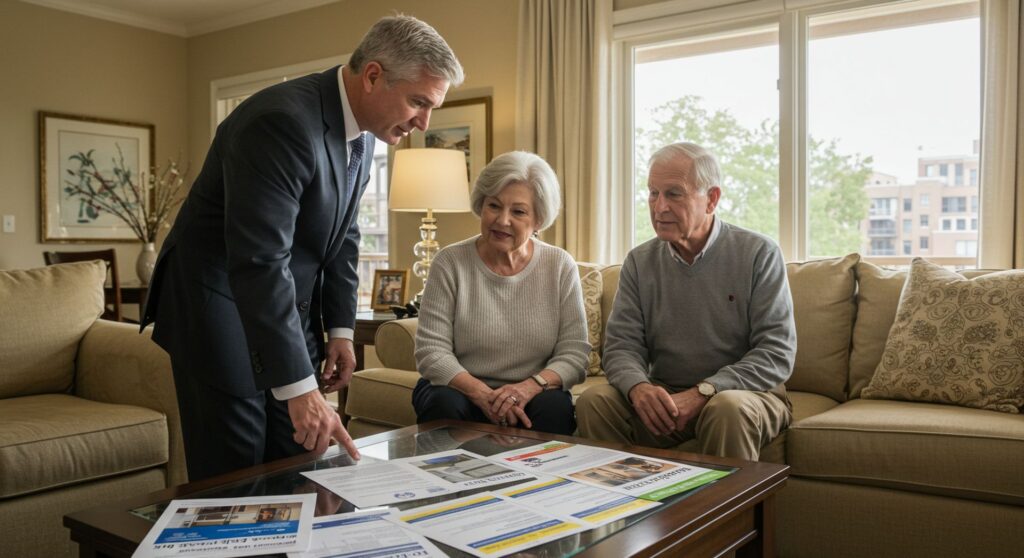 Seniors qui récupèrent le livret d'accueil de la résidence