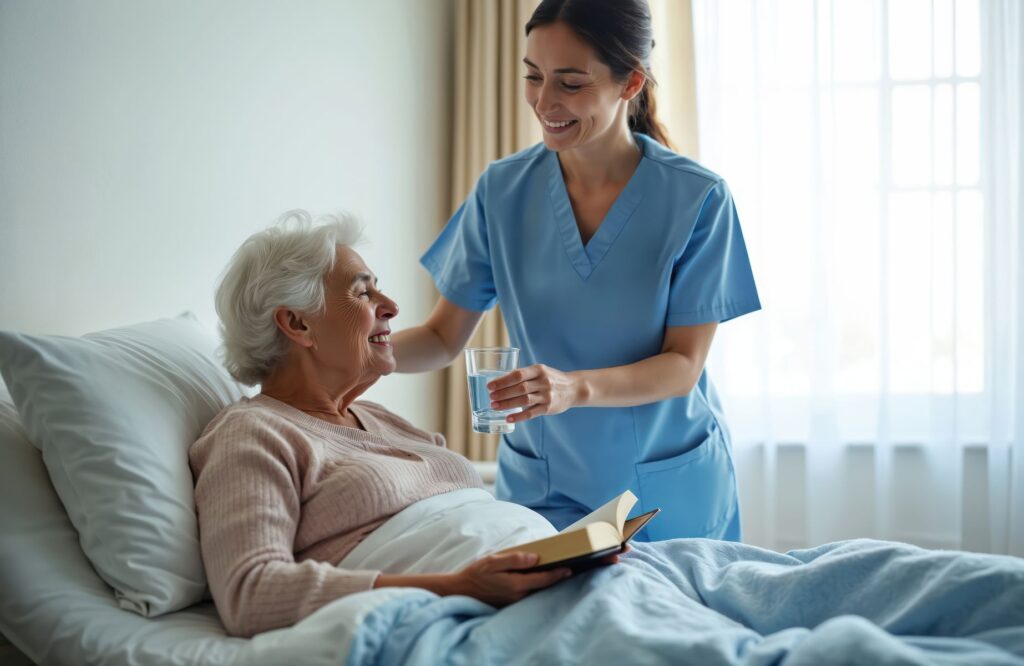 femme senior en chambre en EHPAD privé avec une infirmière