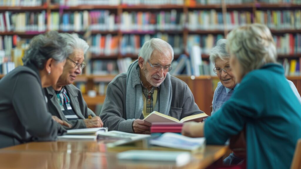 Seniors au sein d'une bibliothèque municipale qui dispose de rayons adaptés pour les seniors avec troubles cognitifs