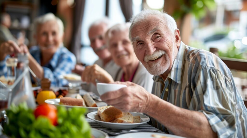 Senior dans un repas partagé pour rompre son isolement