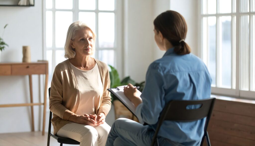 Senior qui vient d'entrée en maison de retraite qui participe à un atelier d'accompagnement psychologique