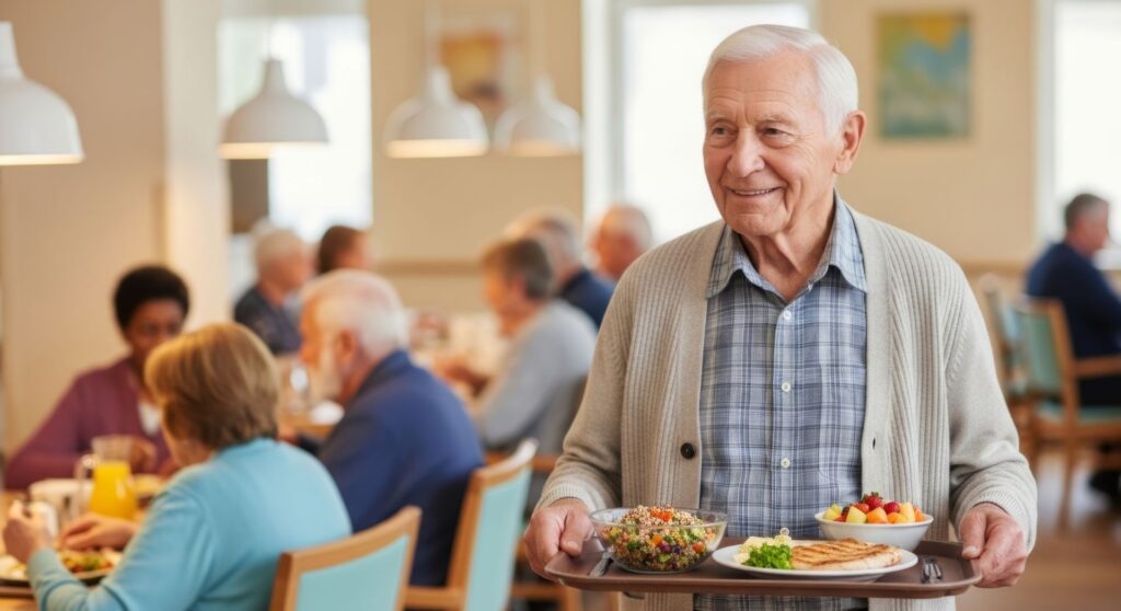 Senior qui profite d'une restauration soignée en EHPAD