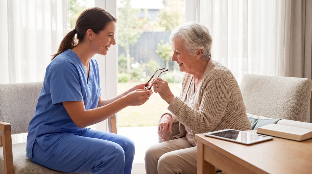Senior avec une aide soignante sensibilisée à la malvoyance