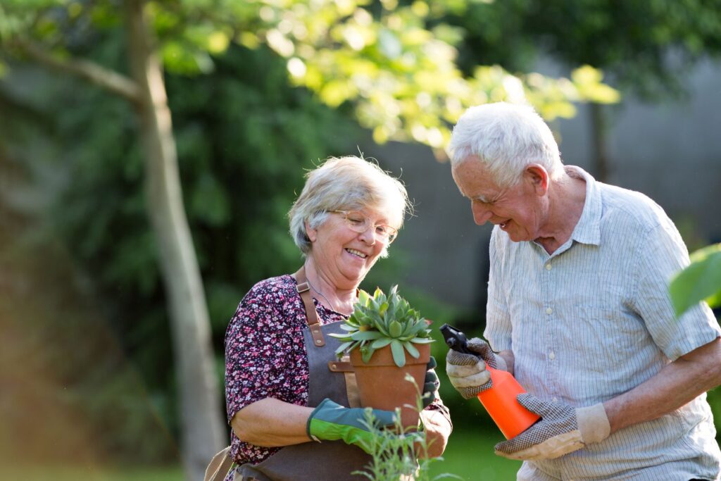 seniors plantant des fleurs en pot lors d'un atelier de jardinage thérapeutique