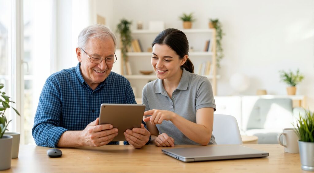 Senior qui télécharge le tableau de notation à remplir en visite avec l'aide de son aidante