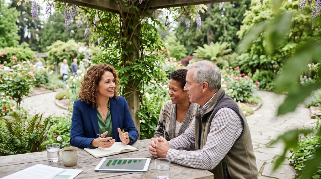 Senior qui se renseigne sur le jardin lors de sa visite d'un EHPAD