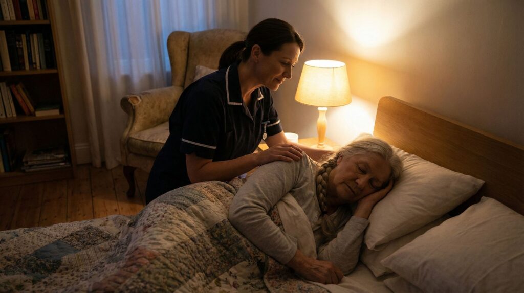Aide soignante qui veille sur une senior la nuit