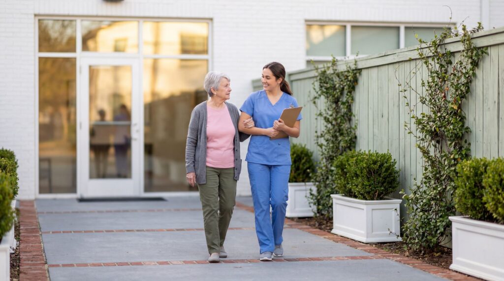 Senior qui profite d'une sortie en extérieur en été en EHPAD