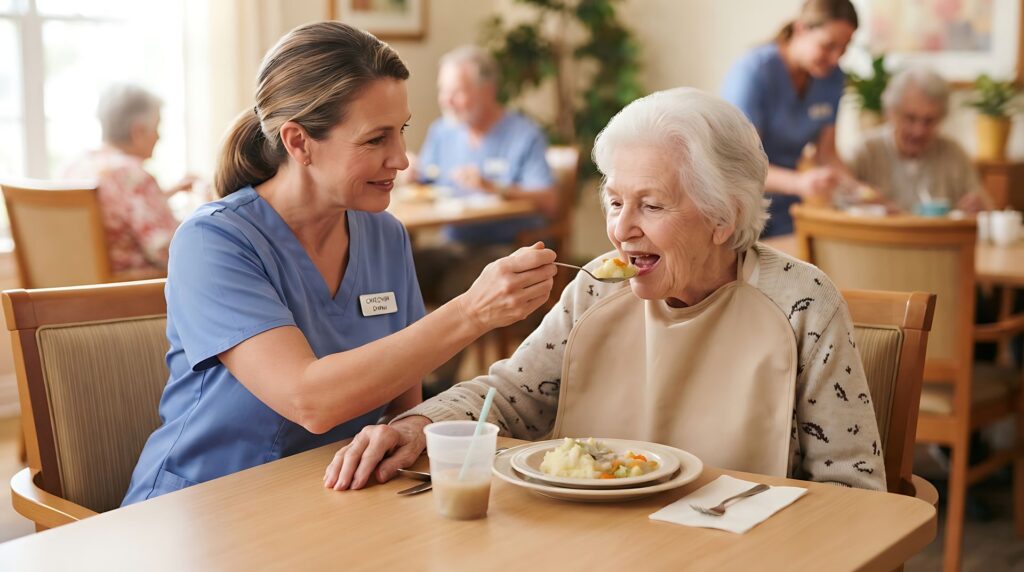 Senior accompagnée pour bien manger avec Parkinson