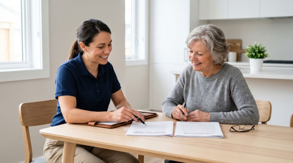 Senior qui se renseigne auprès de l'EHPAD sur la réalité des coûts
