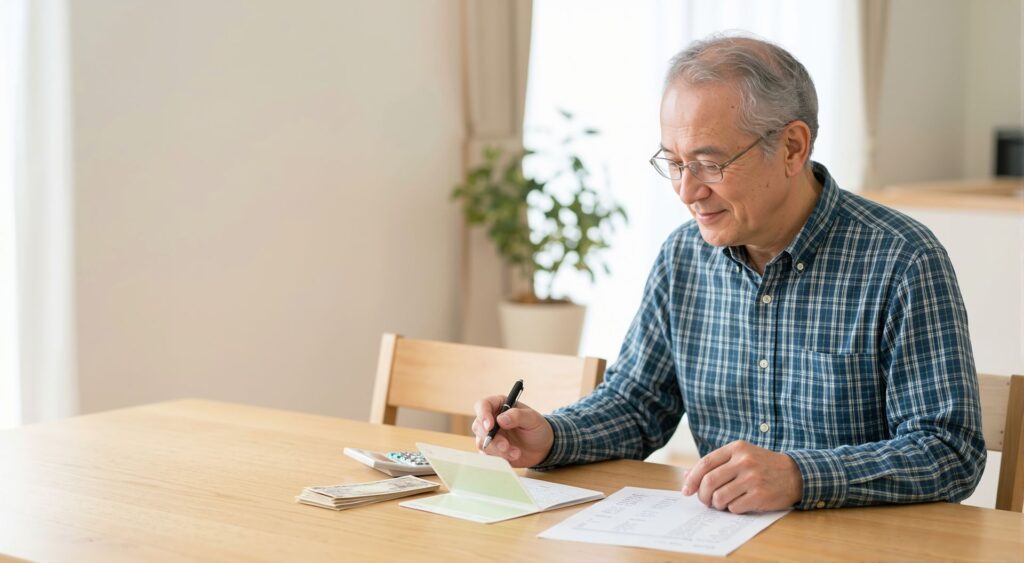 Senior qui analyse la facture d'une résidence
